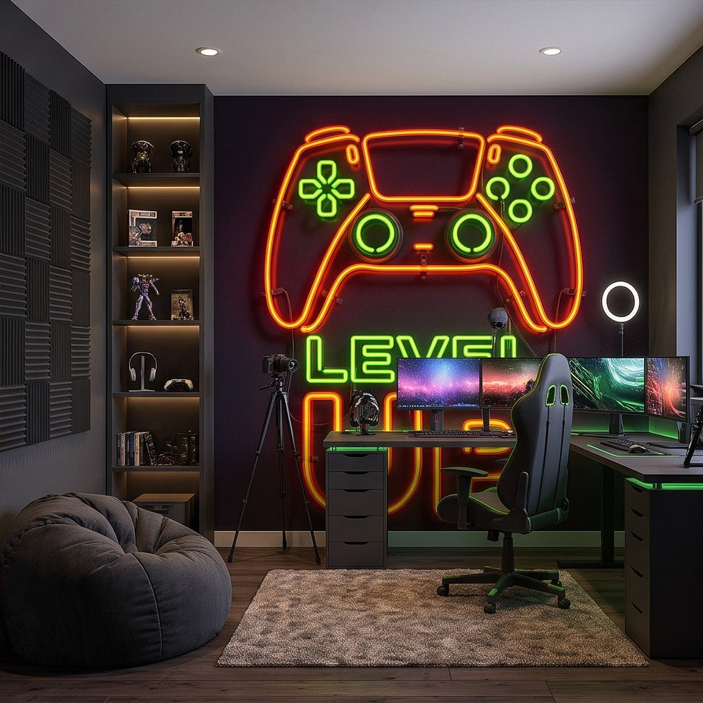 Level Up Gaming Neon Orange Green Glowing Controller Gamer Setup Arcade Sign Dark Background Esports Wall Mural