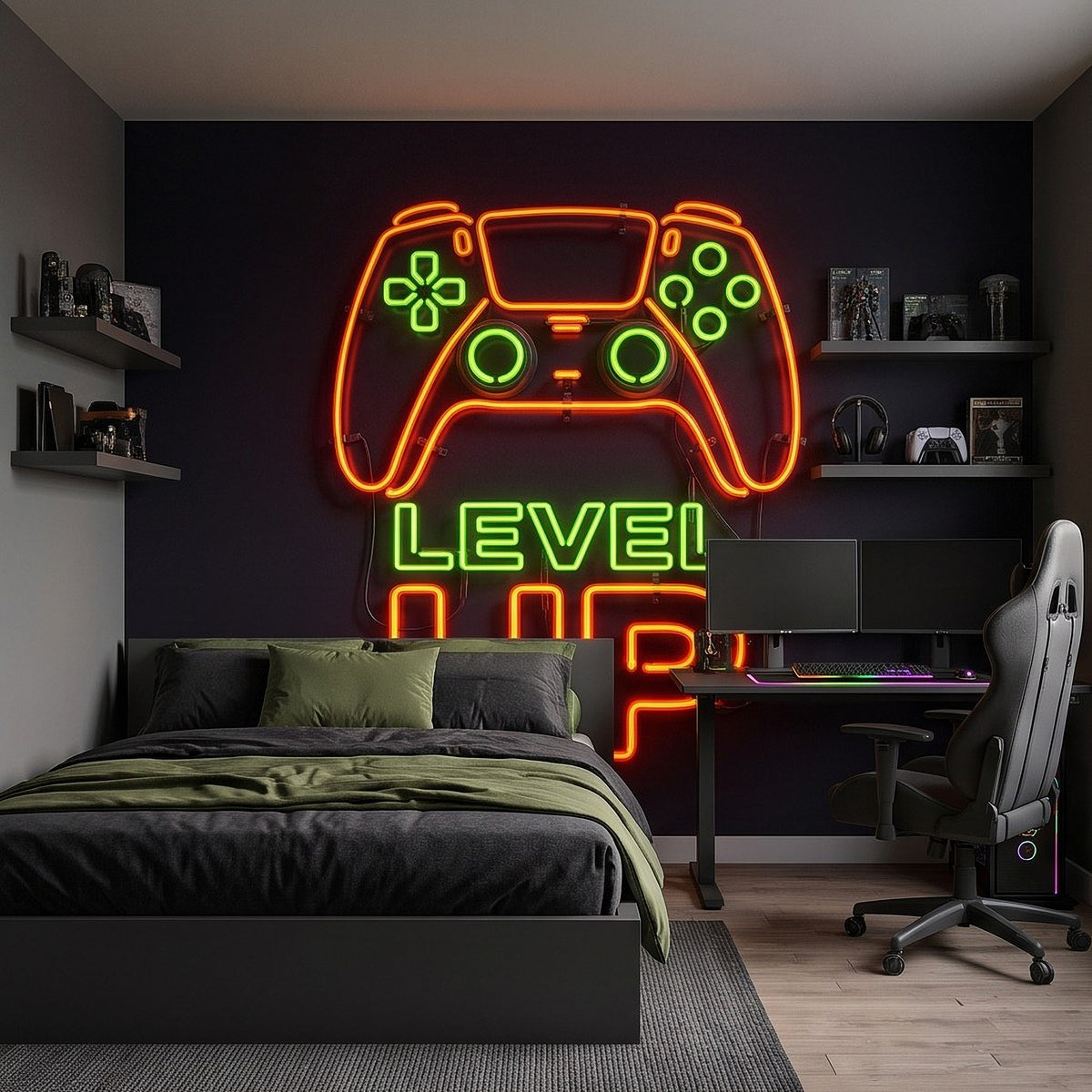Level Up Gaming Neon Orange Green Glowing Controller Gamer Setup Arcade Sign Dark Background Esports Wall Mural