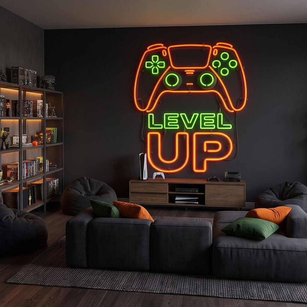 Level Up Gaming Neon Orange Green Glowing Controller Gamer Setup Arcade Sign Dark Background Esports Wall Mural