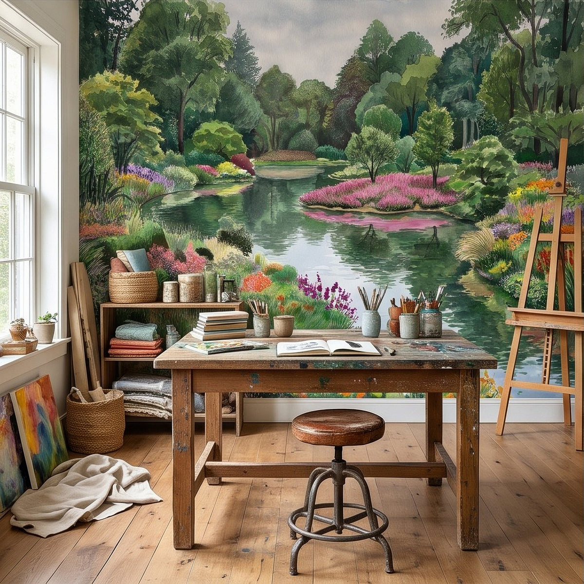 Colorful Flower Garden Pond Lush Green Trees Pink Purple Wildflowers Tranquil Lake Watercolor Landscape Wall Mural