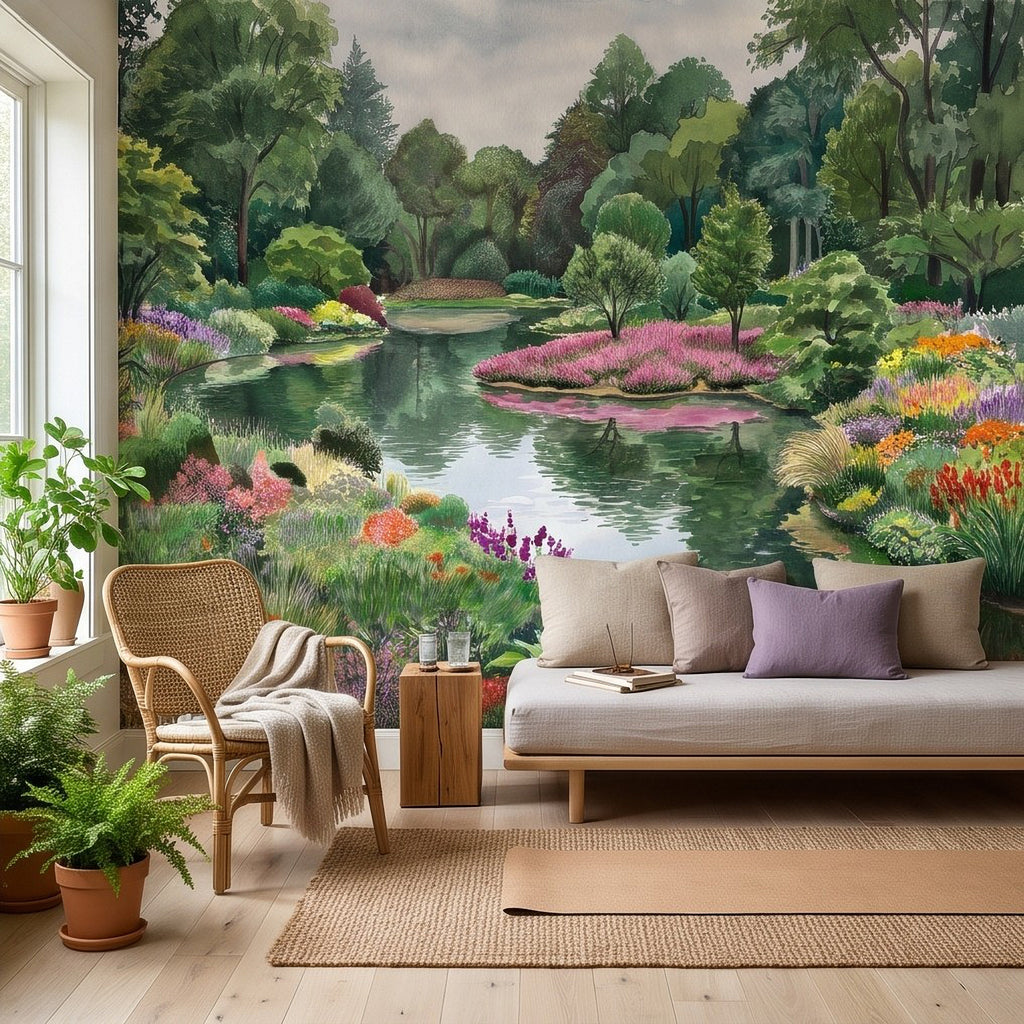 Colorful Flower Garden Pond Lush Green Trees Pink Purple Wildflowers Tranquil Lake Watercolor Landscape Wall Mural