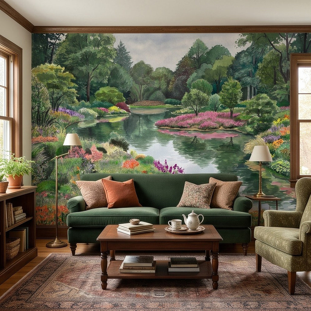Colorful Flower Garden Pond Lush Green Trees Pink Purple Wildflowers Tranquil Lake Watercolor Landscape Wall Mural