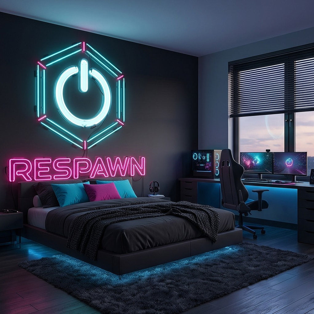 Neon gaming wall mural with partial glow of power hexagon and 'RESPAWN' text