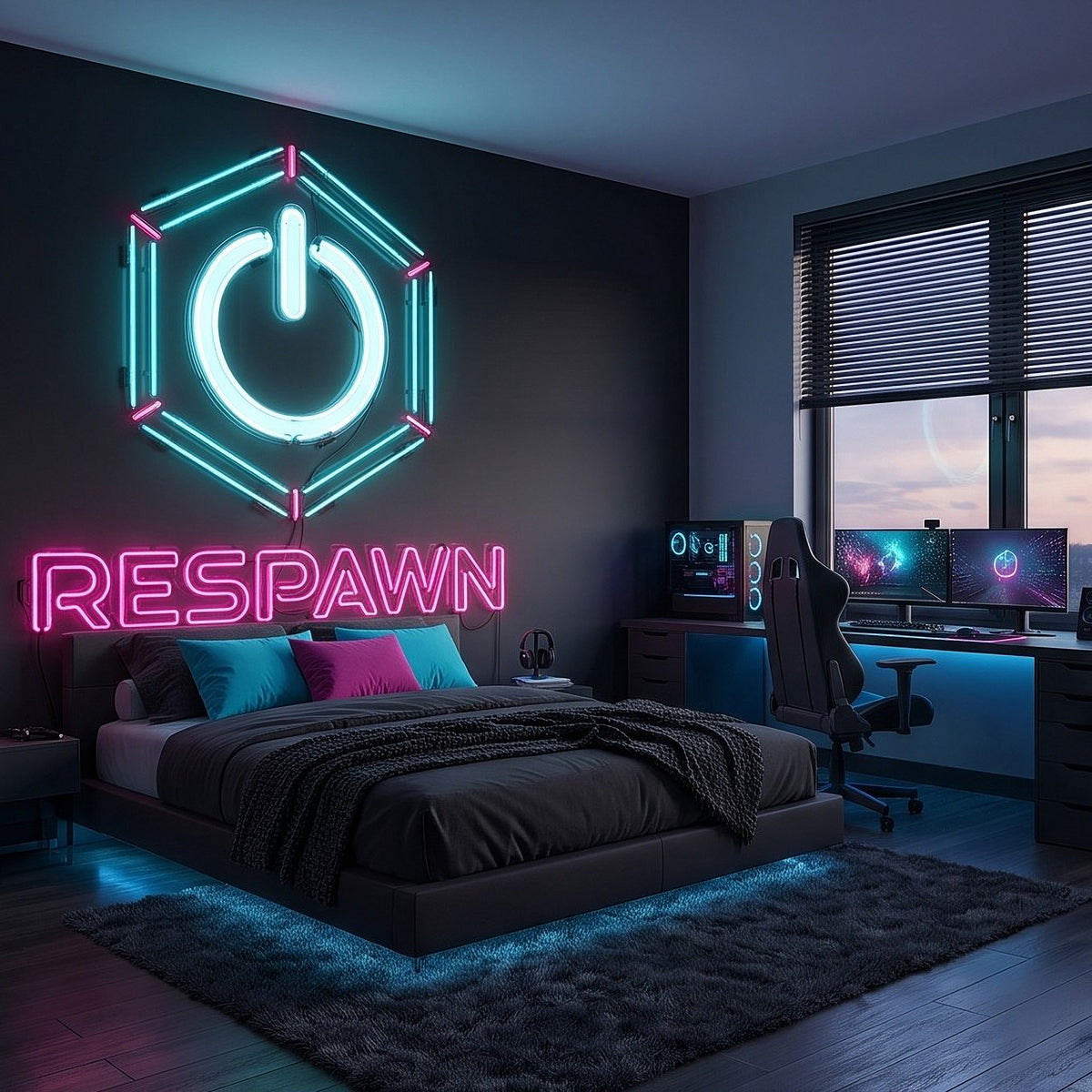 Neon gaming wall mural with partial glow of power hexagon and 'RESPAWN' text