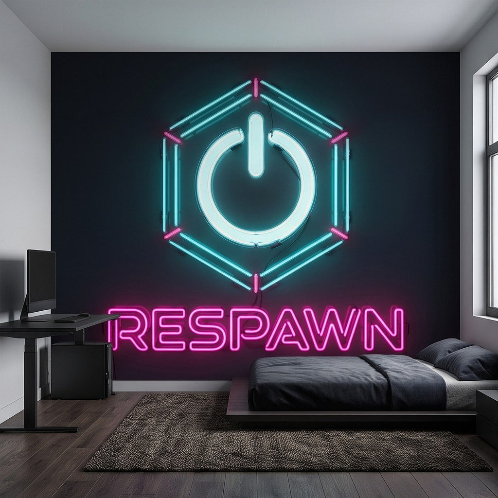 Neon gaming wall mural with glowing power hexagon emblem above 'RESPAWN'