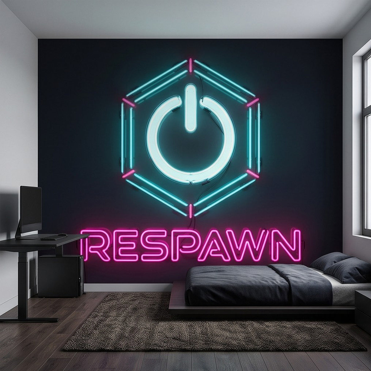 Neon gaming wall mural with glowing power hexagon emblem above 'RESPAWN'