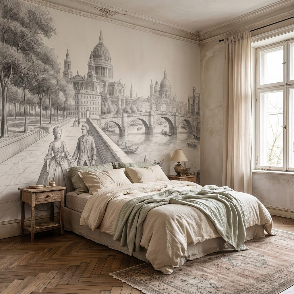 Monochrome European cityscape wall mural with domes, bridge arches, and two figures