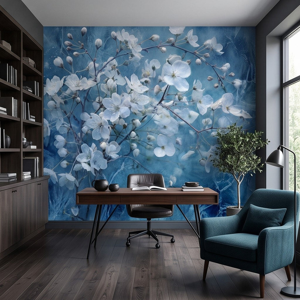 Blue cherry blossom wall mural with white blooms and branches in an office room