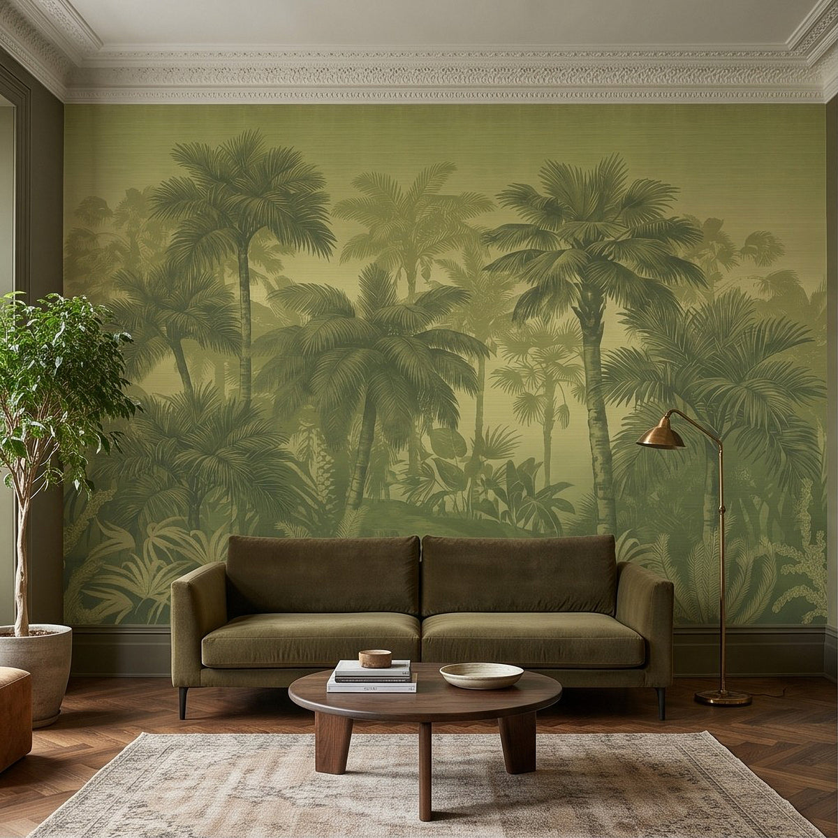Olive green tropical palm wallpaper mural with layered foliage and soft haze