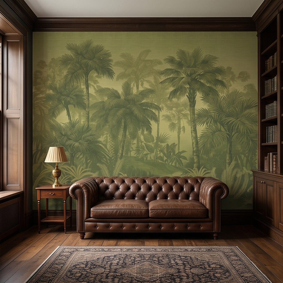 Olive green tropical palm wallpaper mural with tall palms and leafy undergrowth