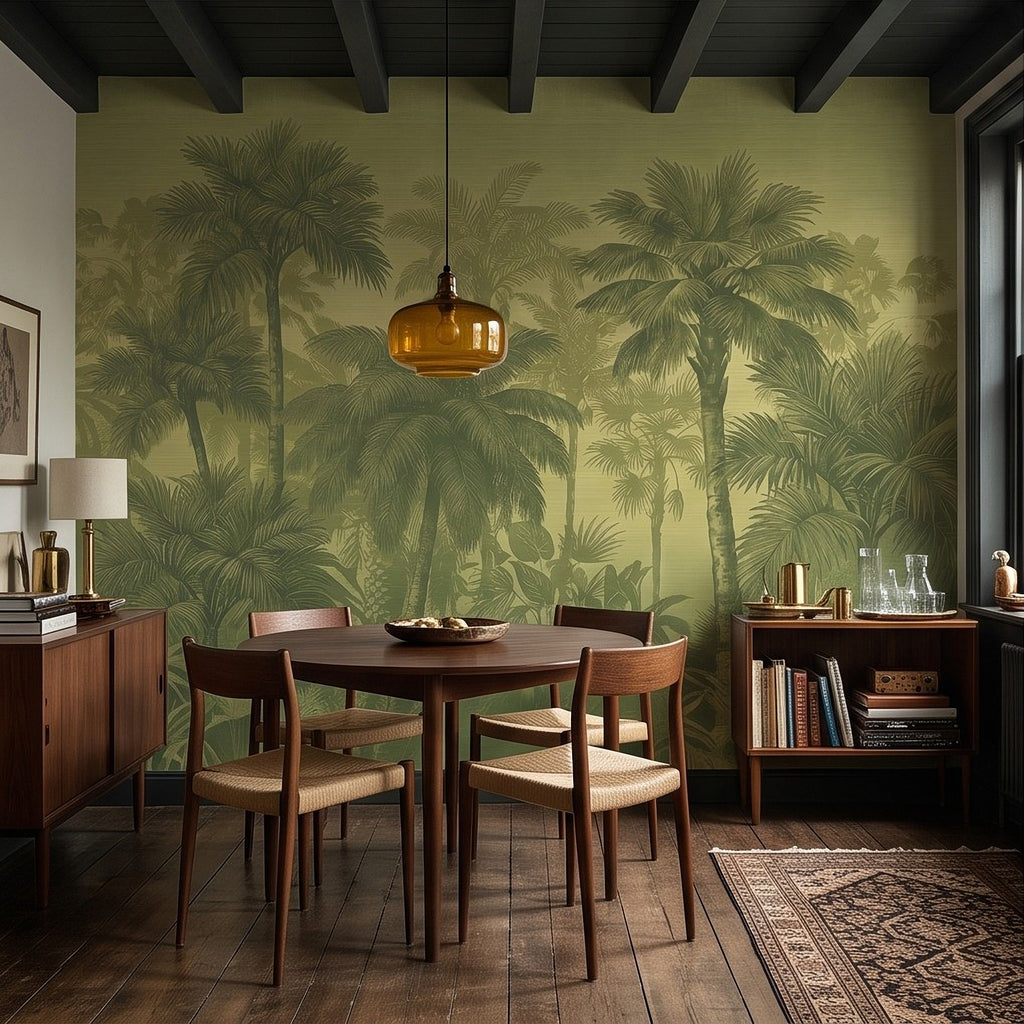 Olive green tropical jungle palm wallpaper mural with dense botanical pattern