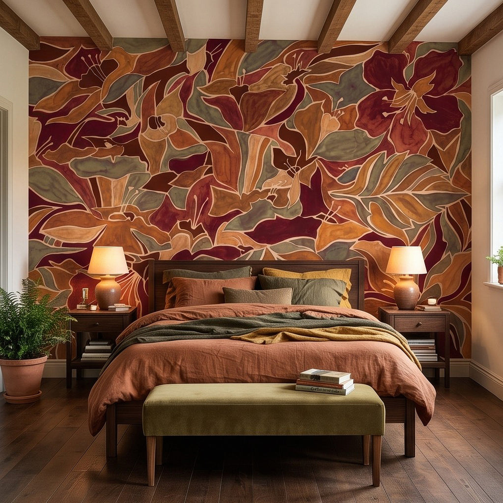 Burgundy Floral Abstract Autumn Flowers Olive Green Leaves Burnt Orange Terracotta Retro Botanical Wall Mural