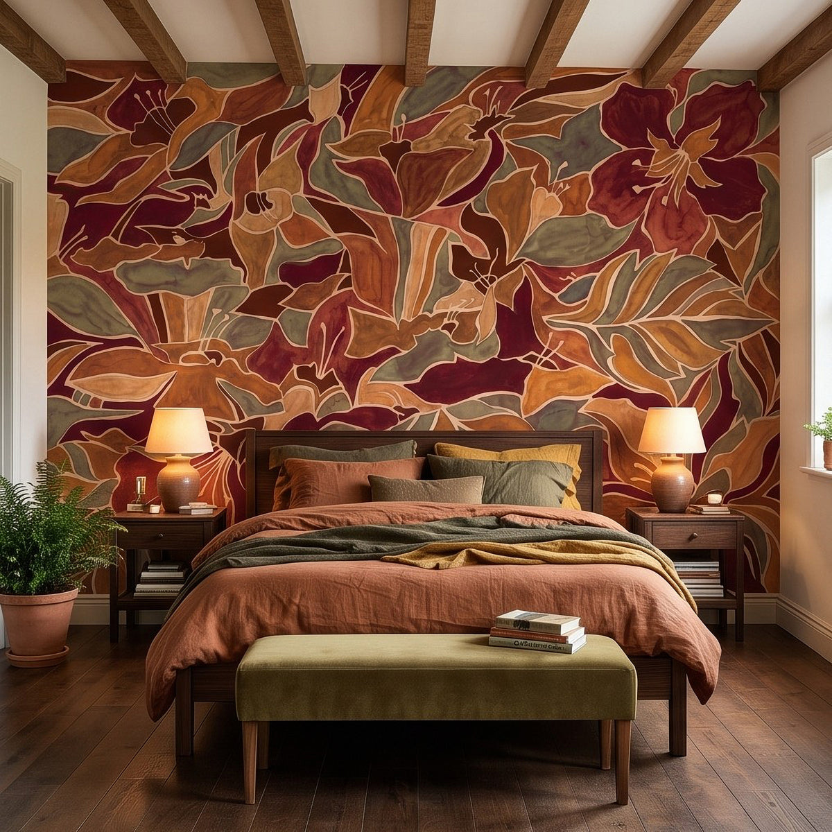 Burgundy Floral Abstract Autumn Flowers Olive Green Leaves Burnt Orange Terracotta Retro Botanical Wall Mural