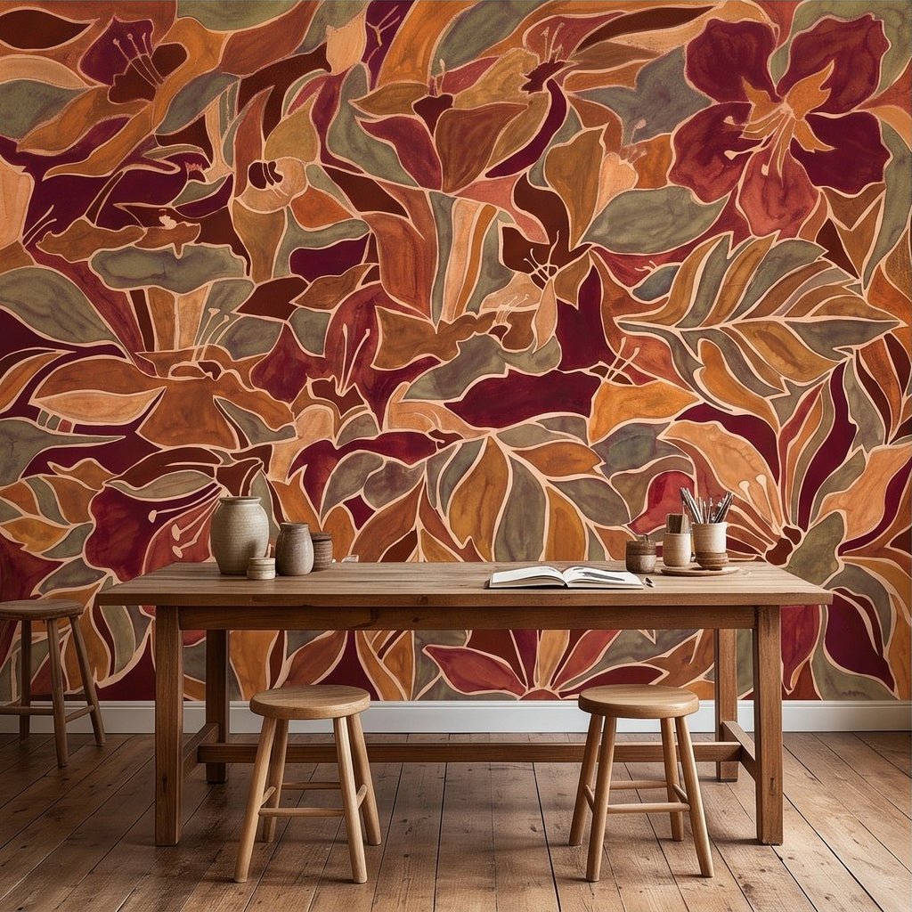 Burgundy Floral Abstract Autumn Flowers Olive Green Leaves Burnt Orange Terracotta Retro Botanical Wall Mural