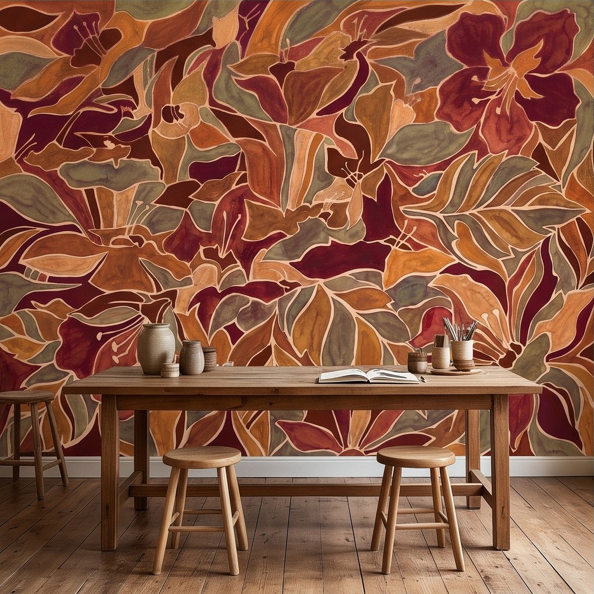 Burgundy Floral Abstract Autumn Flowers Olive Green Leaves Burnt Orange Terracotta Retro Botanical Wall Mural