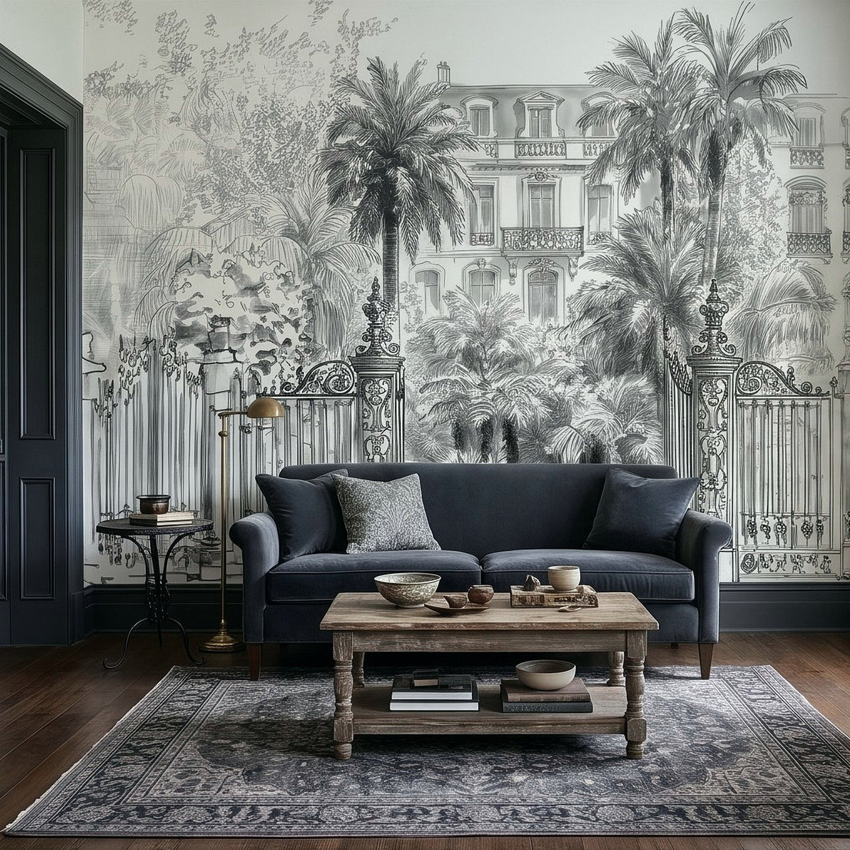 Black-and-white tropical wall mural showing palm trees, villa facade, and iron gate design