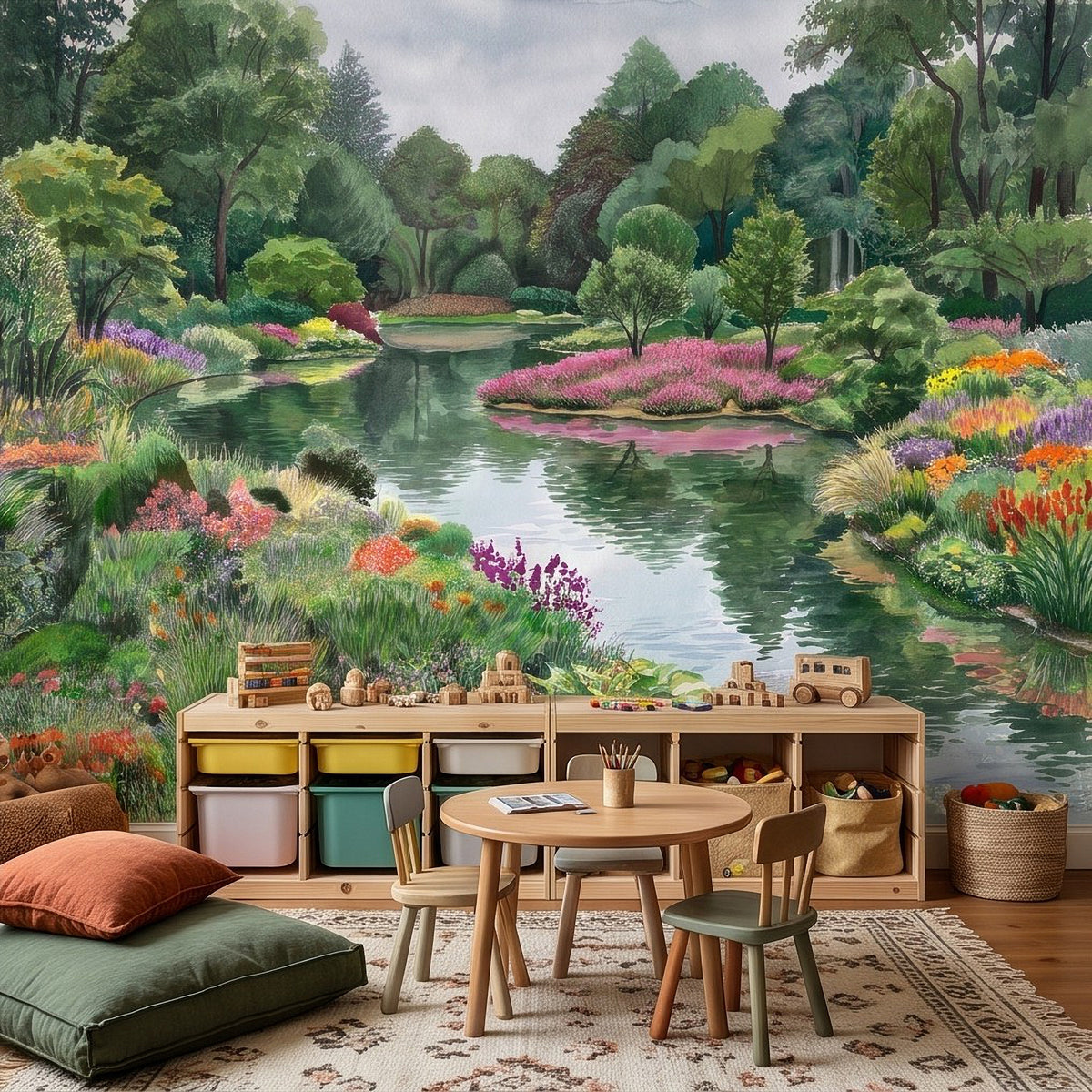 Colorful Flower Garden Pond Lush Green Trees Pink Purple Wildflowers Tranquil Lake Watercolor Landscape Wall Mural