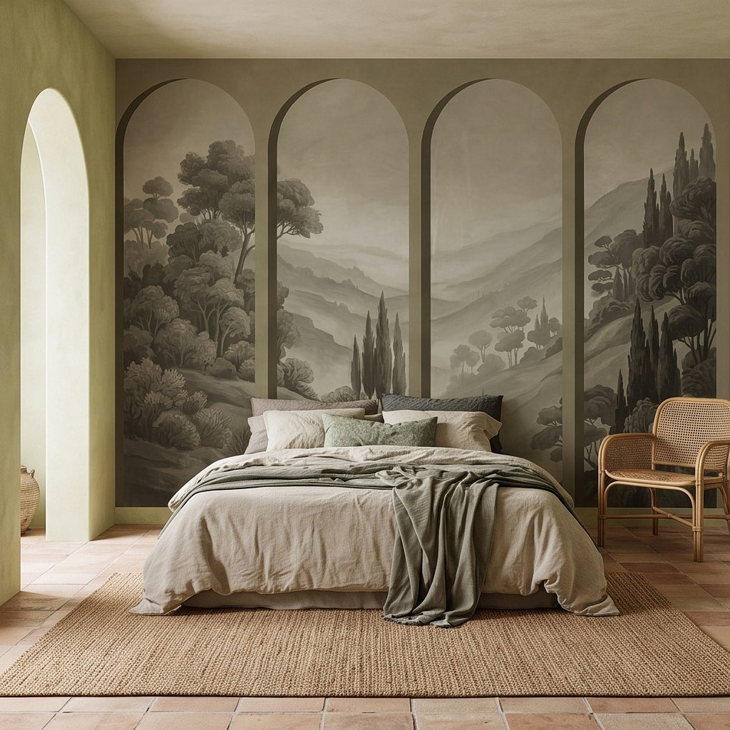 Arched countryside wall mural in gray tones with trees, hills, and distant landscape lines