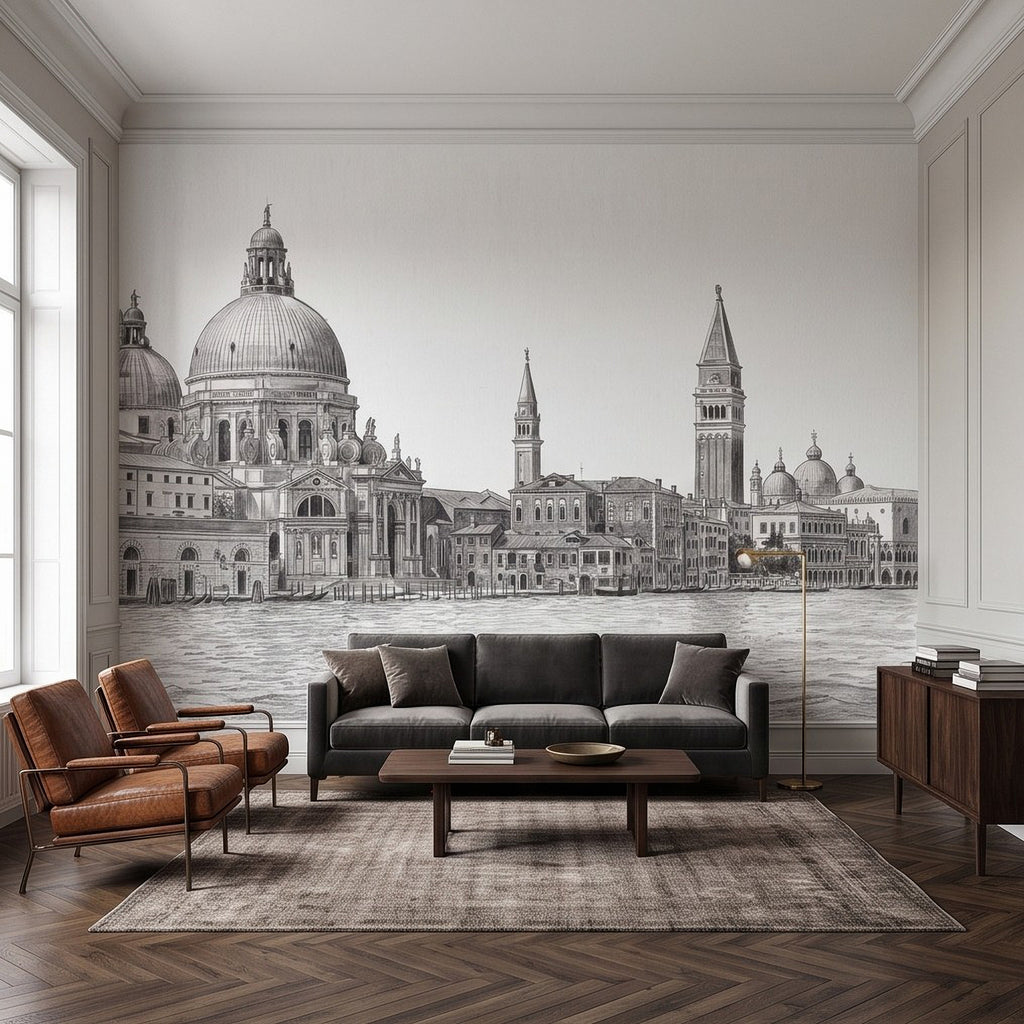 Venice Grand Canal Santa Maria della Salute Basilica Venetian Architecture Vintage Pencil Sketch Wall Mural