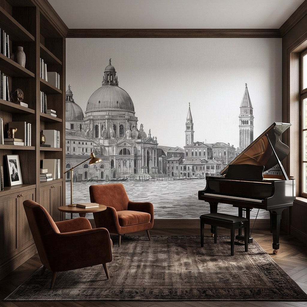 Venice Grand Canal Santa Maria della Salute Basilica Venetian Architecture Vintage Pencil Sketch Wall Mural