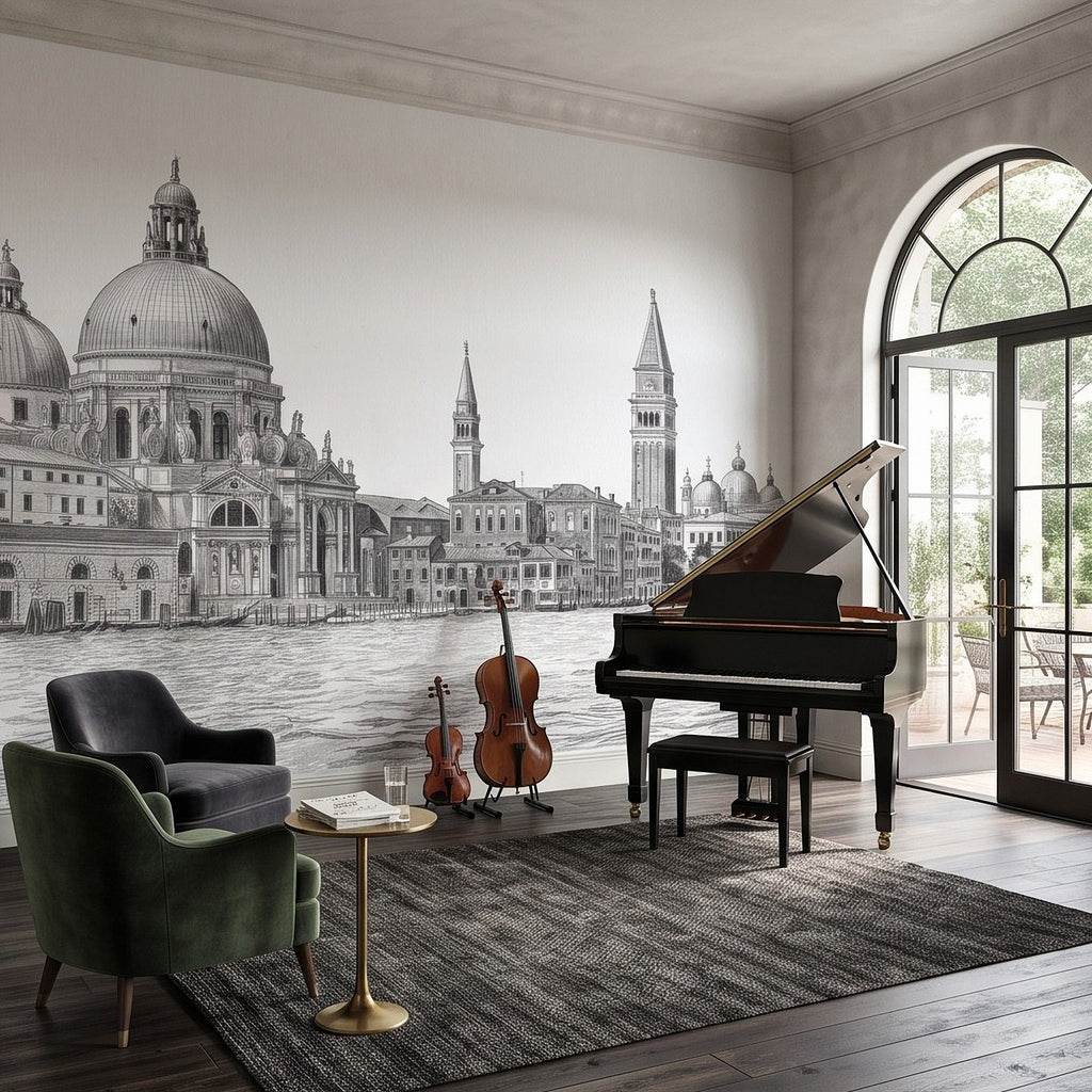 Venice Grand Canal Santa Maria della Salute Basilica Venetian Architecture Vintage Pencil Sketch Wall Mural