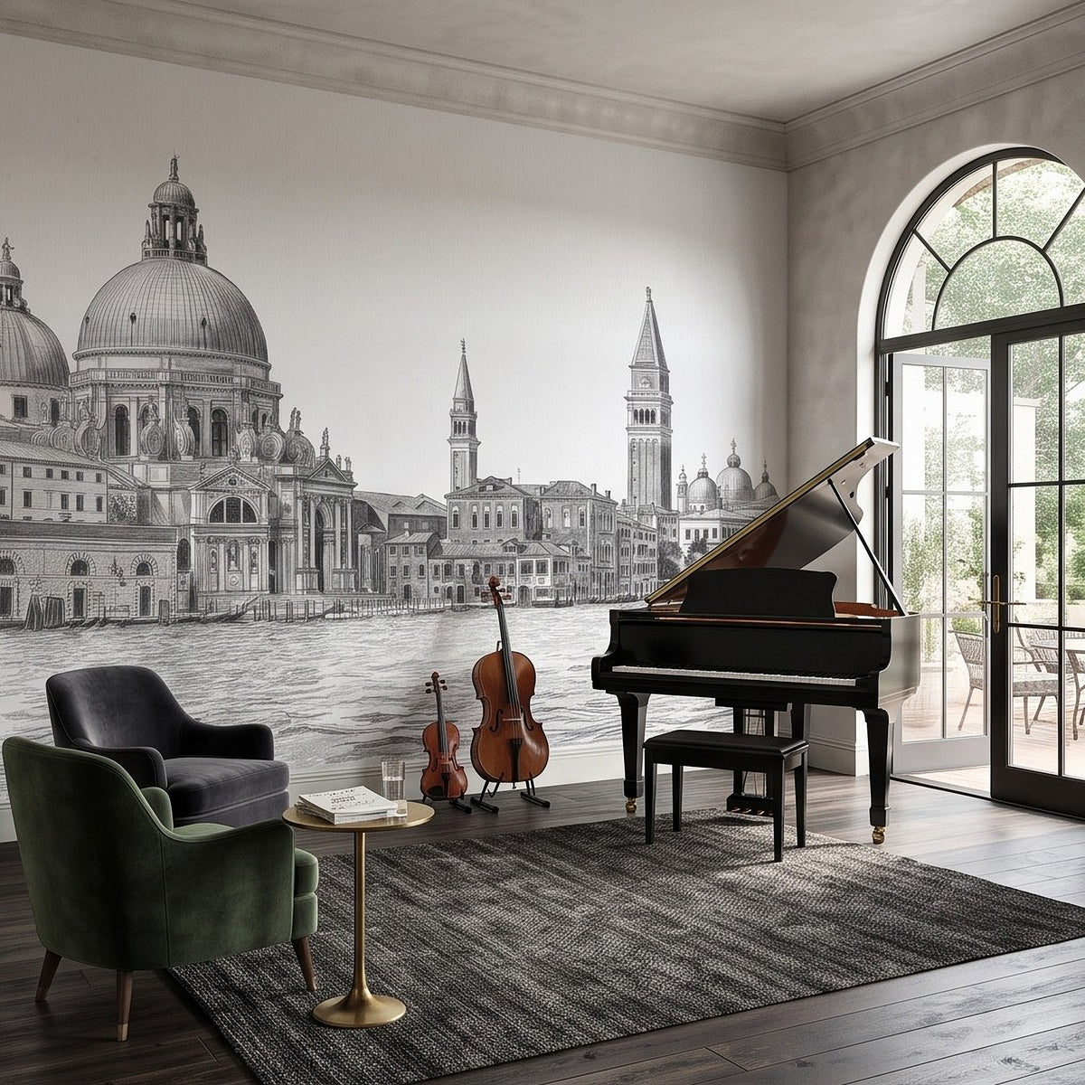 Venice Grand Canal Santa Maria della Salute Basilica Venetian Architecture Vintage Pencil Sketch Wall Mural