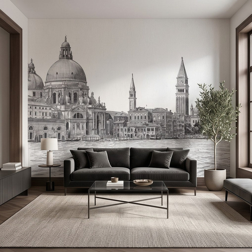 Venice Grand Canal Santa Maria della Salute Basilica Venetian Architecture Vintage Pencil Sketch Wall Mural