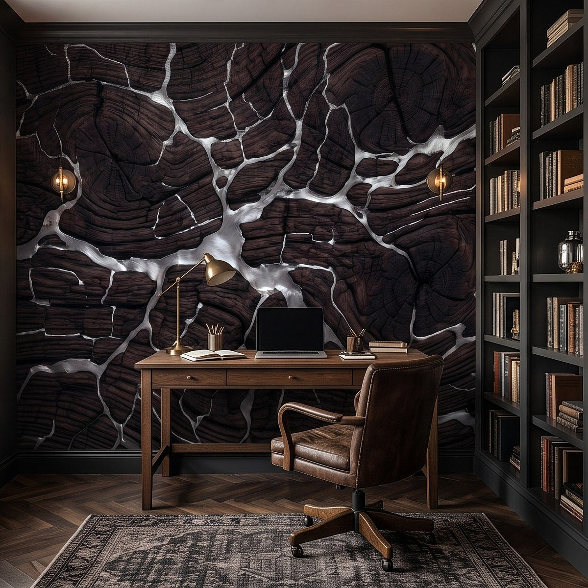 Dark wood wall mural with silver vein kintsugi lines and cracked natural wood grain