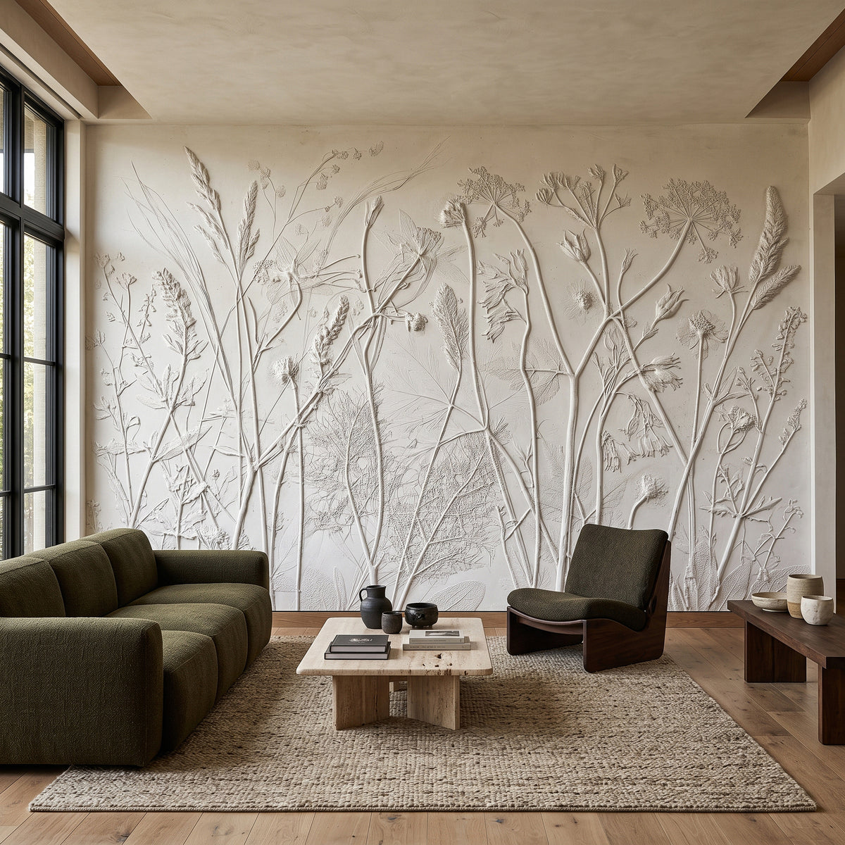 Neutral Botanical Textured Plaster Wildflower Embossed Beige Nature Wall Decor Wall Mural