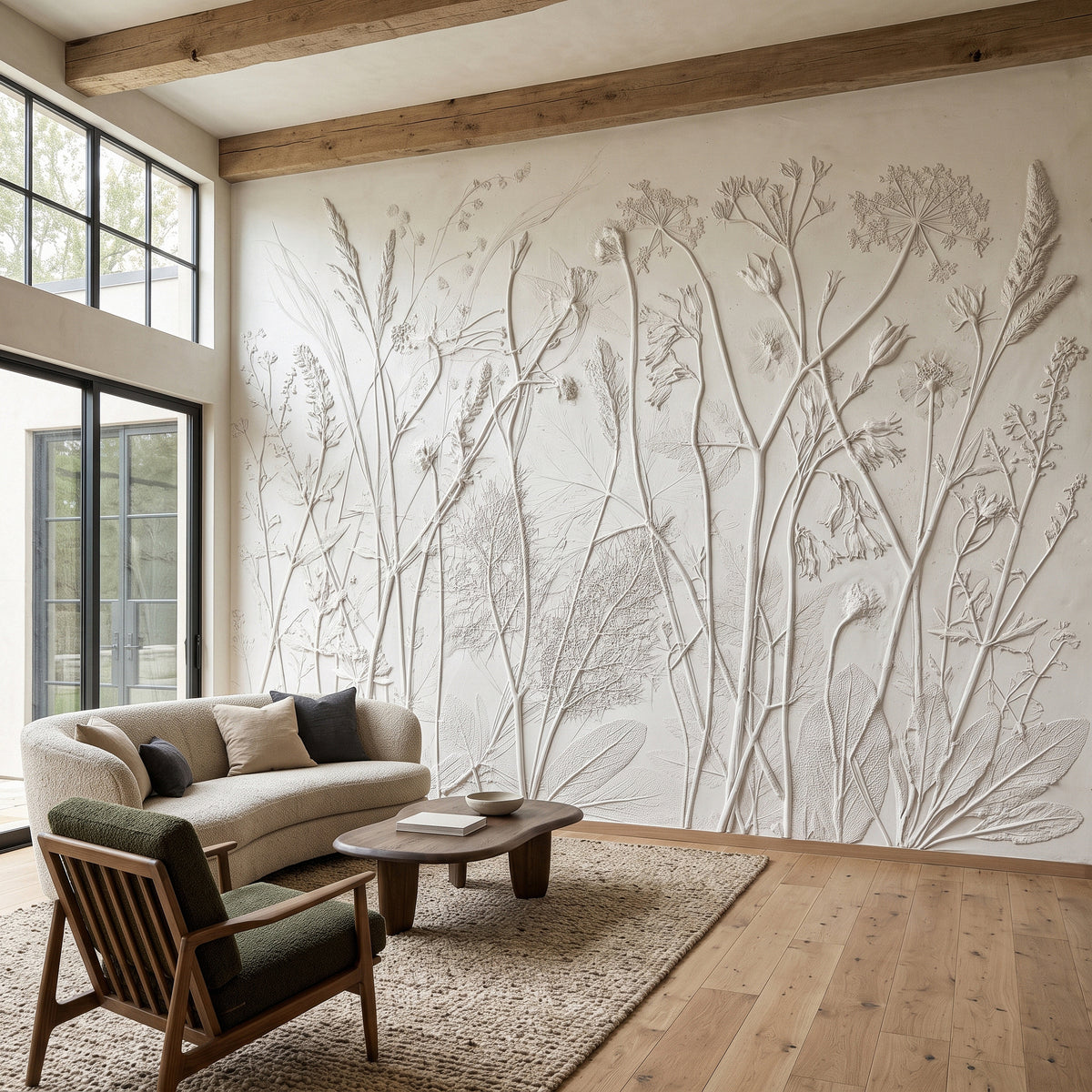 Neutral Botanical Textured Plaster Wildflower Embossed Beige Nature Wall Decor Wall Mural