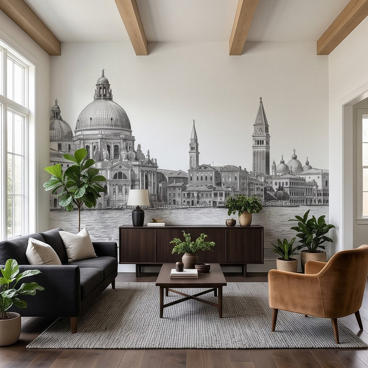 Venice Grand Canal Santa Maria della Salute Basilica Venetian Architecture Vintage Pencil Sketch Wall Mural