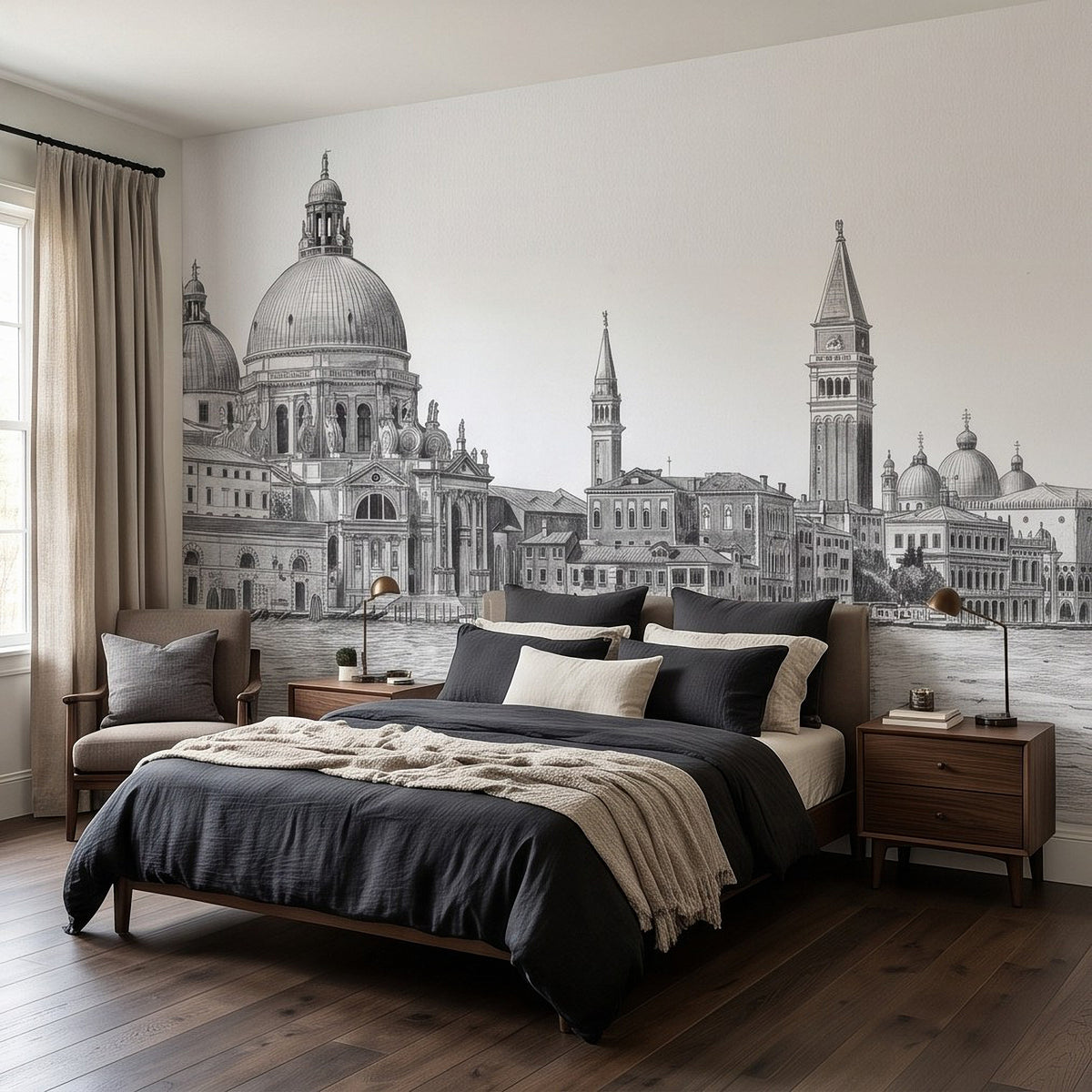 Venice Grand Canal Santa Maria della Salute Basilica Venetian Architecture Vintage Pencil Sketch Wall Mural