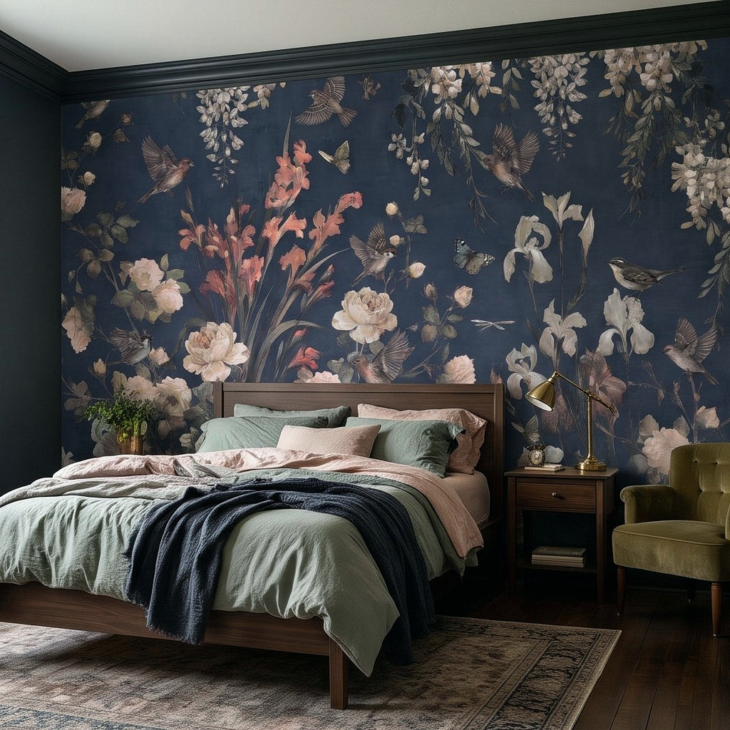 Navy Blue Floral Birds Vintage Chinoiserie White Roses Pink Flowers Flying Birds Butterflies Botanical Wall Mural