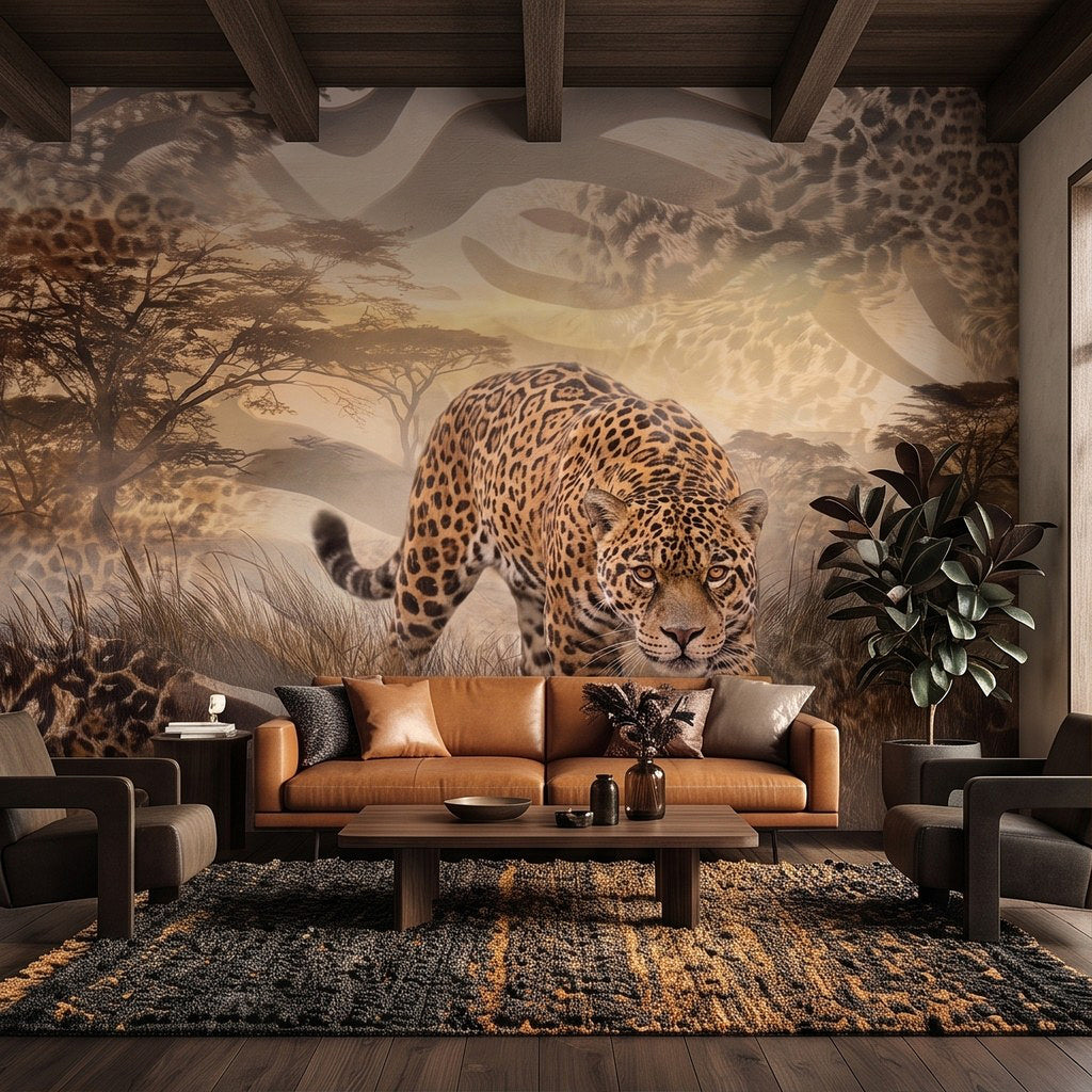 Leopard safari wall mural with two leopards in a neutral savanna landscape