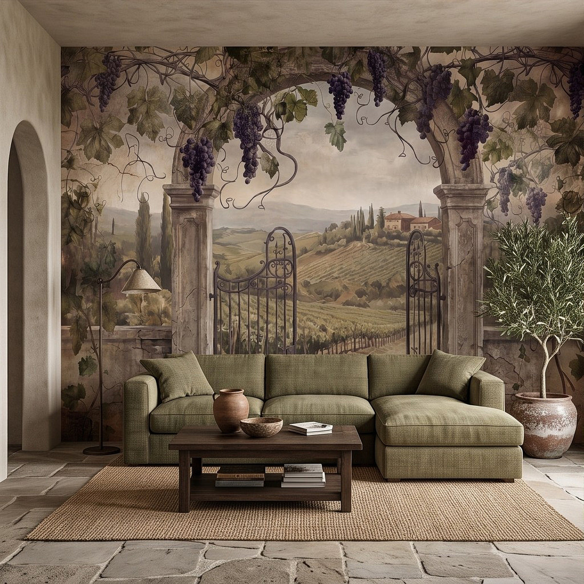Tuscan vineyard wall mural with grape vines, distant hills, and wrought-iron gate