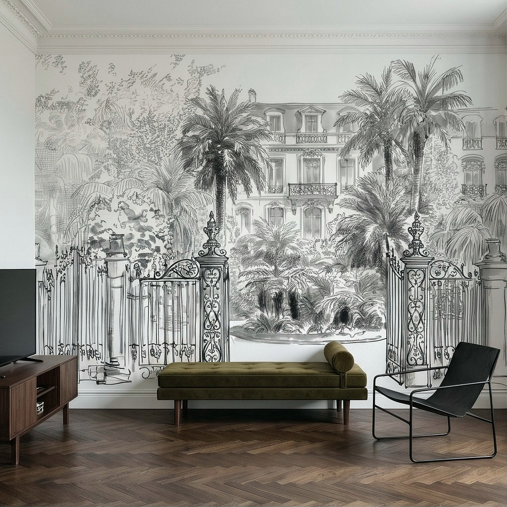 Black-and-white tropical wall mural featuring palm trees, villa buildings, and iron gate