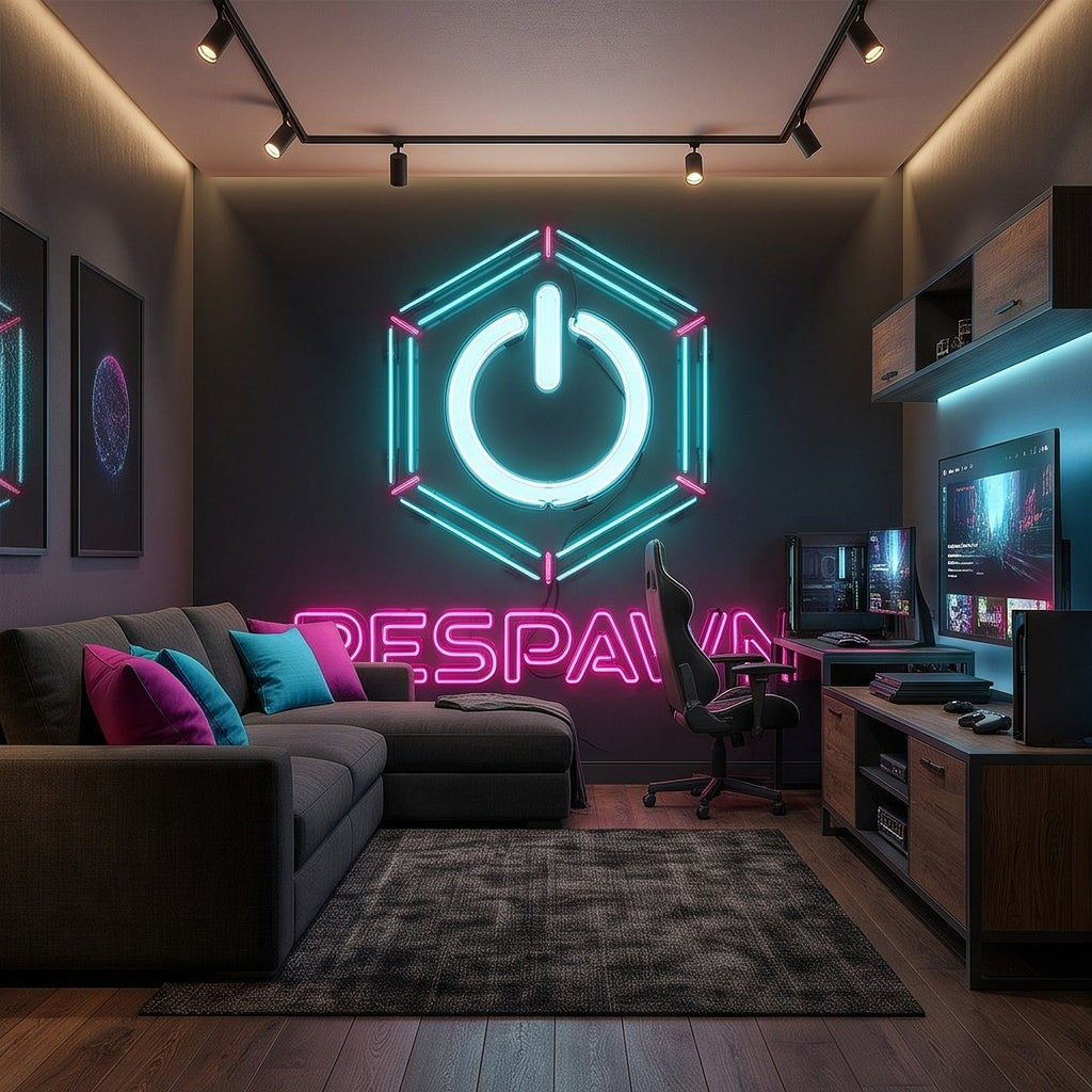 Glowing hexagon power icon and 'RESPAWN' neon gaming wall mural above sofa setup