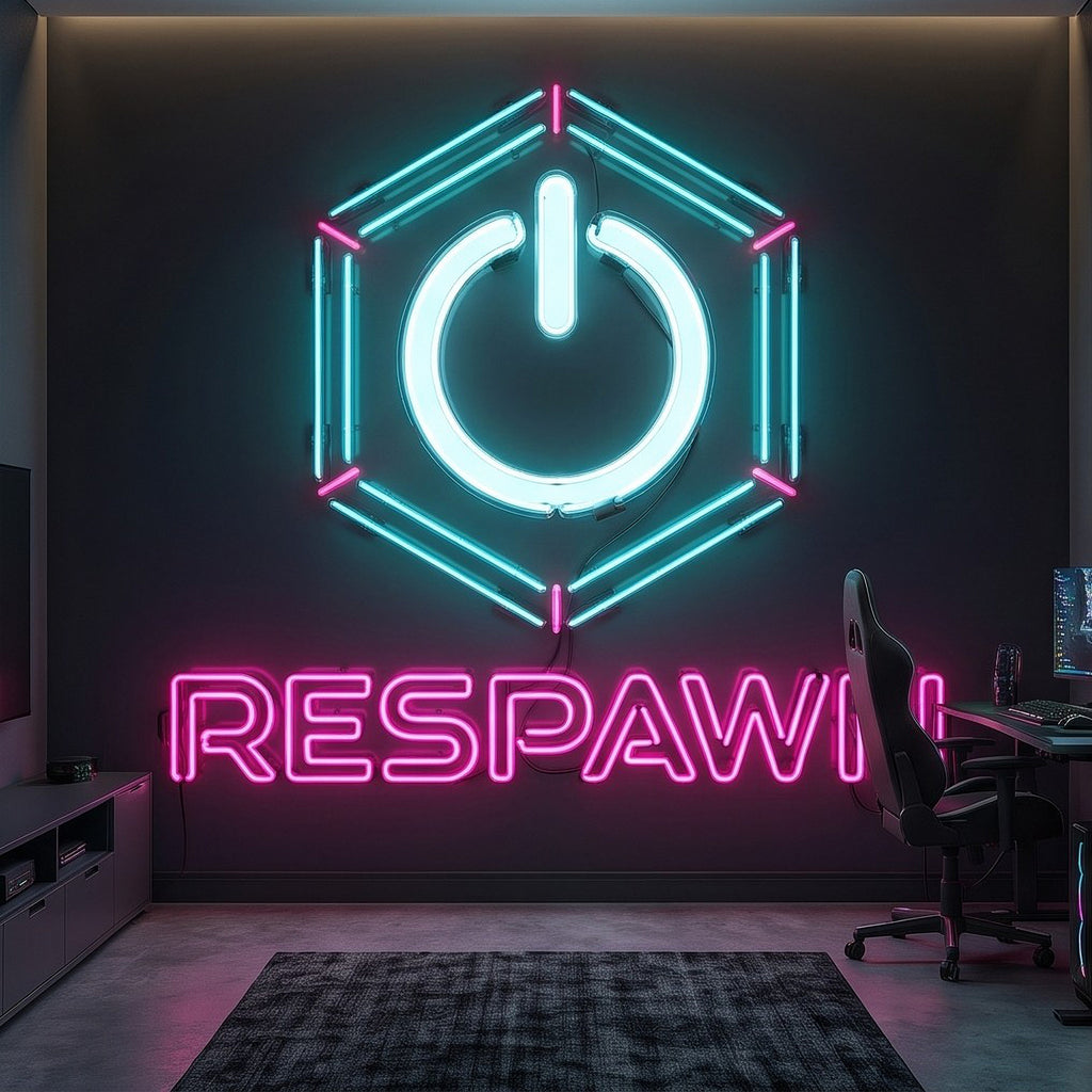 Front view of glowing neon 'RESPAWN' wall mural with cyan power icon hexagon