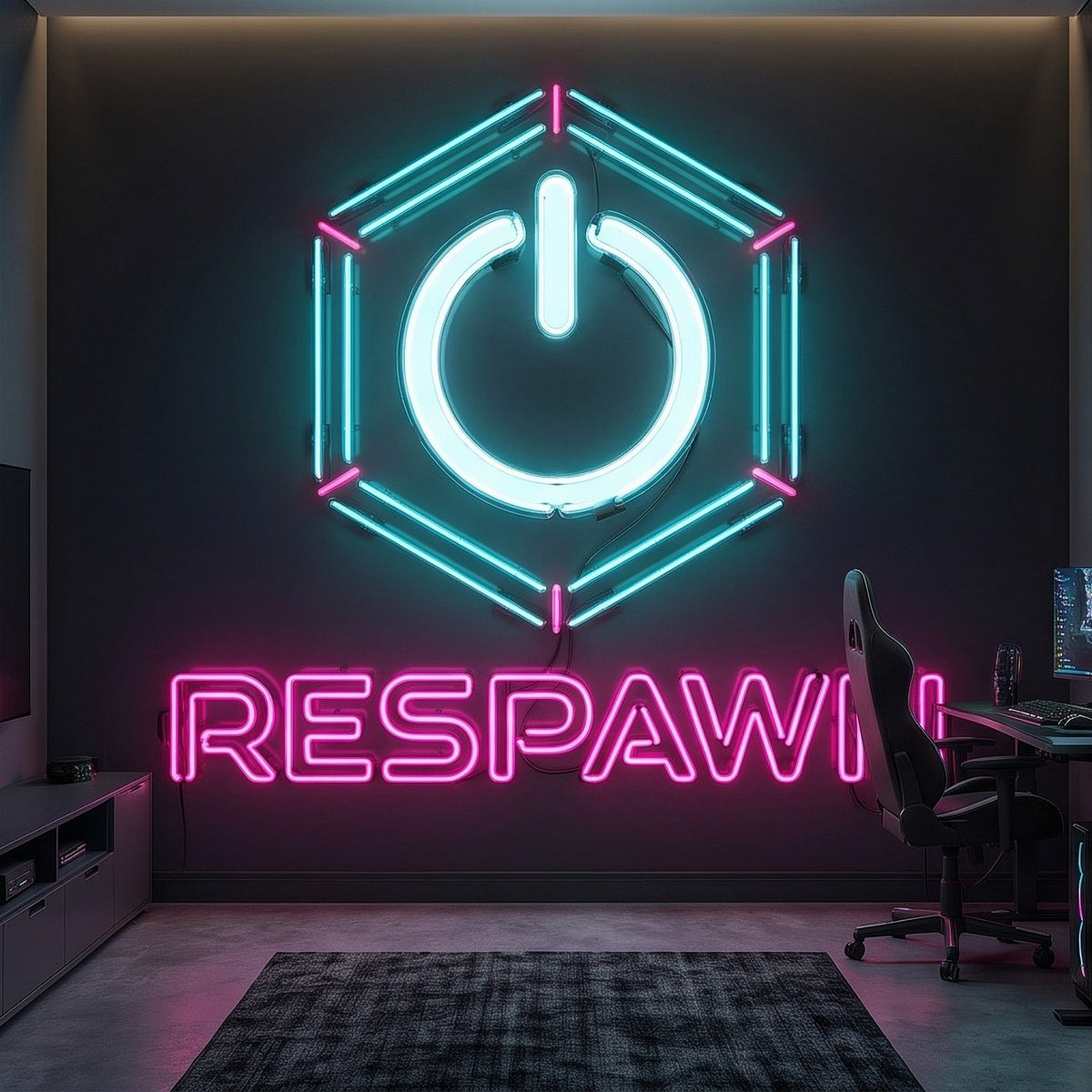 Front view of glowing neon 'RESPAWN' wall mural with cyan power icon hexagon