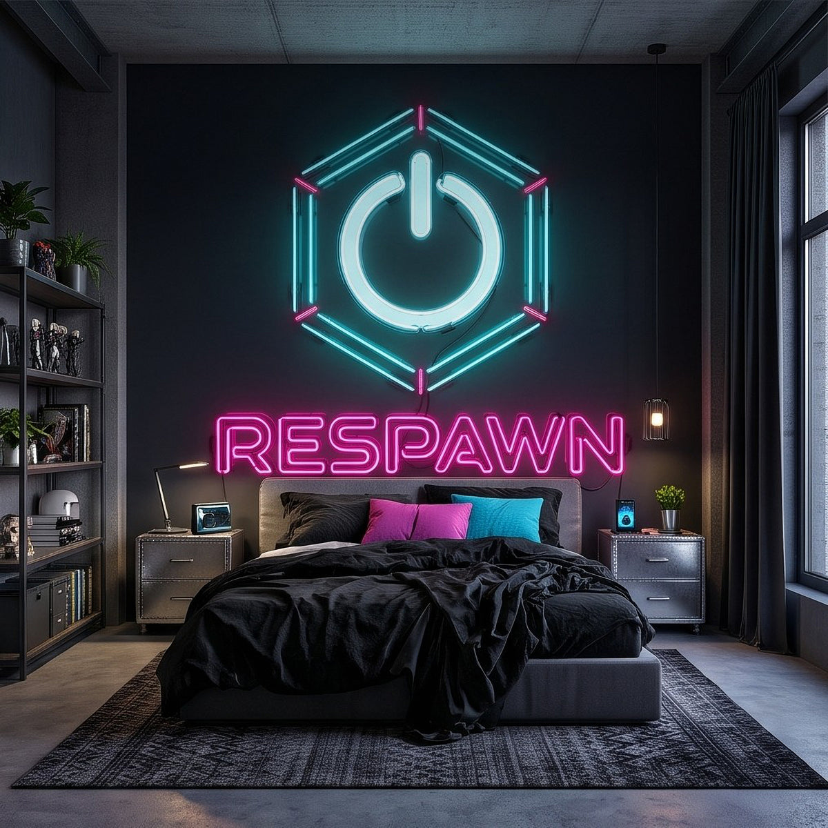 Neon gaming wall mural with glowing power hexagon emblem and 'RESPAWN' lettering