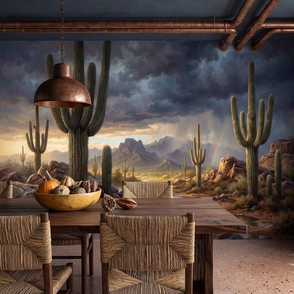 Southwest desert wall mural with tall saguaro cacti, stones, and distant mountains