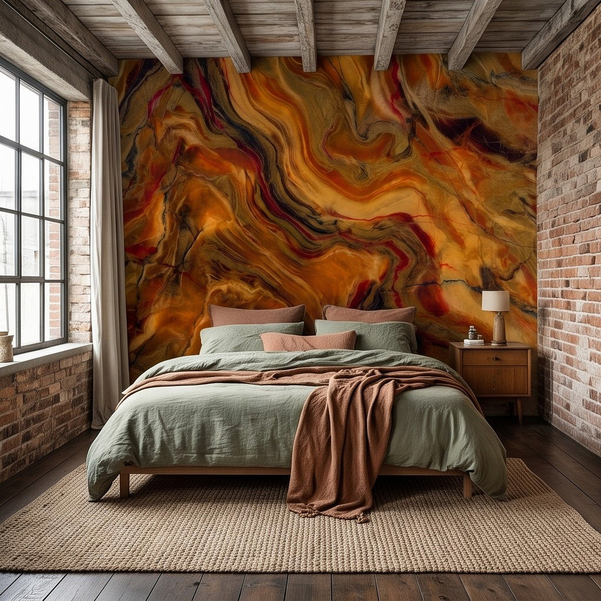 Earthy marbled wall mural with bold flowing orange and gold swirls plus deep red highlights