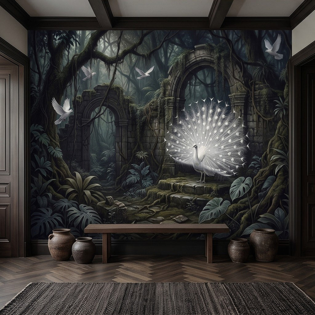 Corner wall mural with white peacock fan, dark ruins, and flying birds in a jungle scene