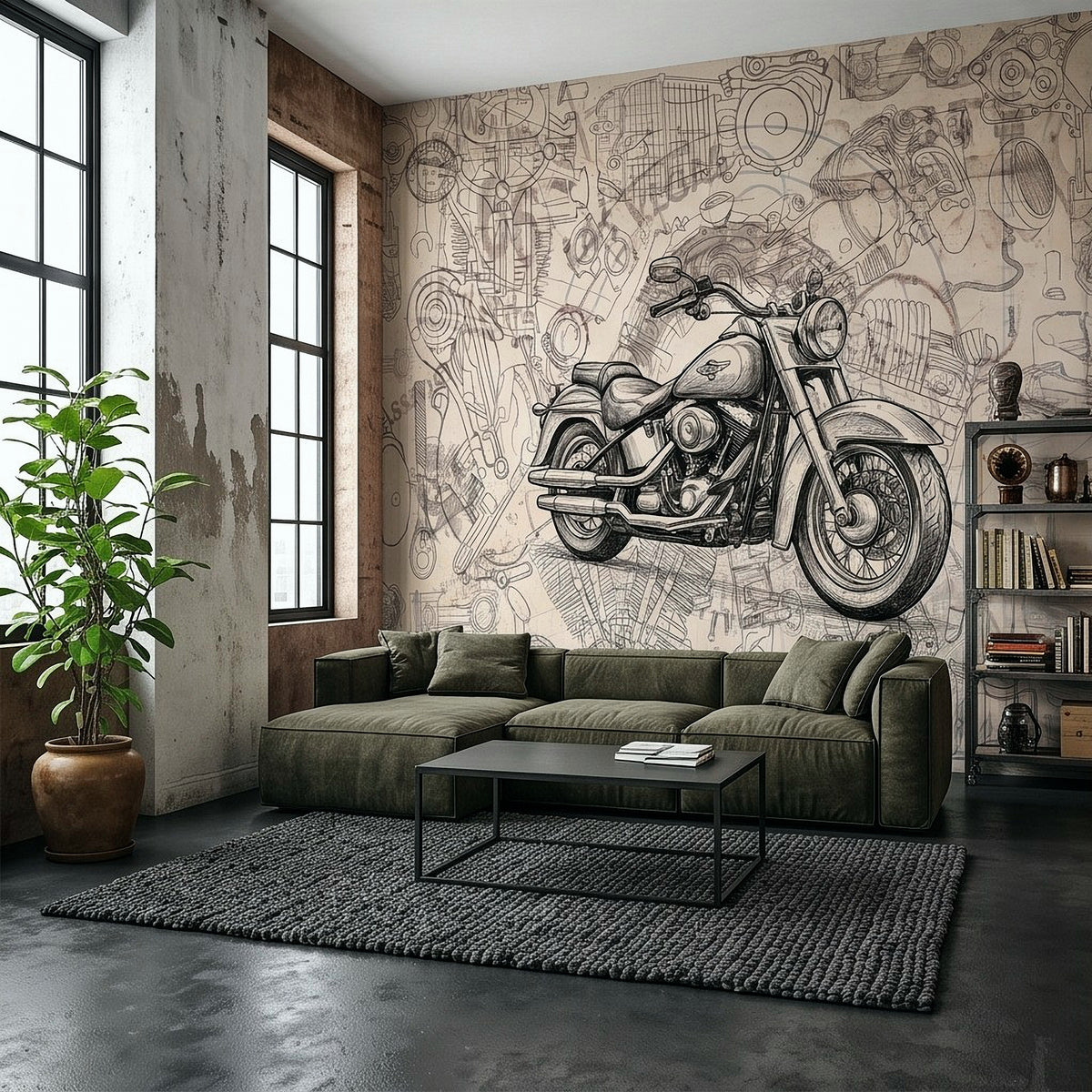 Motorcycle wall mural with vintage cruiser blueprint line art above green sofa