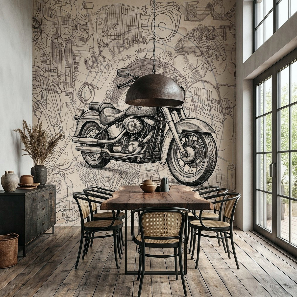 Motorcycle blueprint wall mural featuring a cruiser bike with front headlight detail