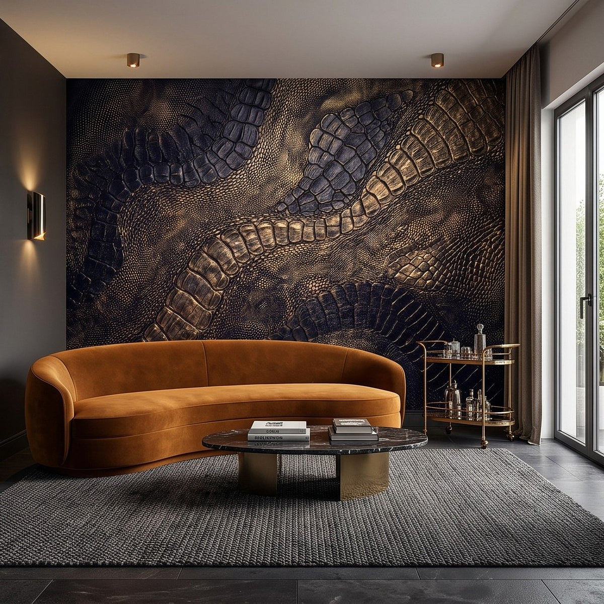 Crocodile-scale textured wall mural with raised scale pattern in deep navy and warm gold.