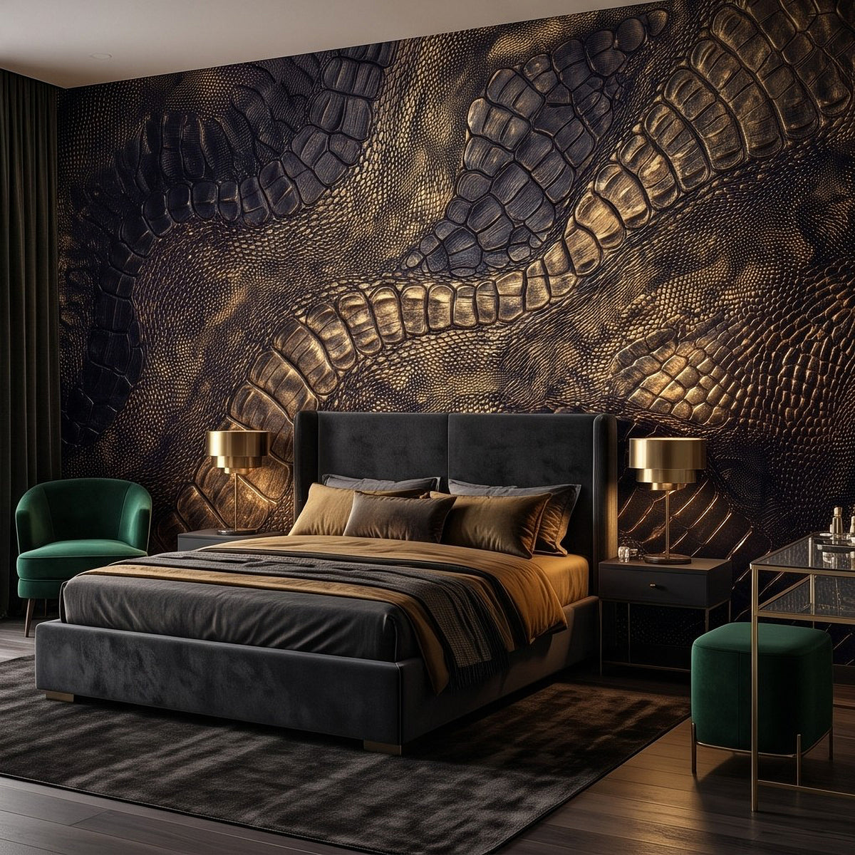 Crocodile-scale textured wall mural with embossed swirls in black, bronze, and gold.