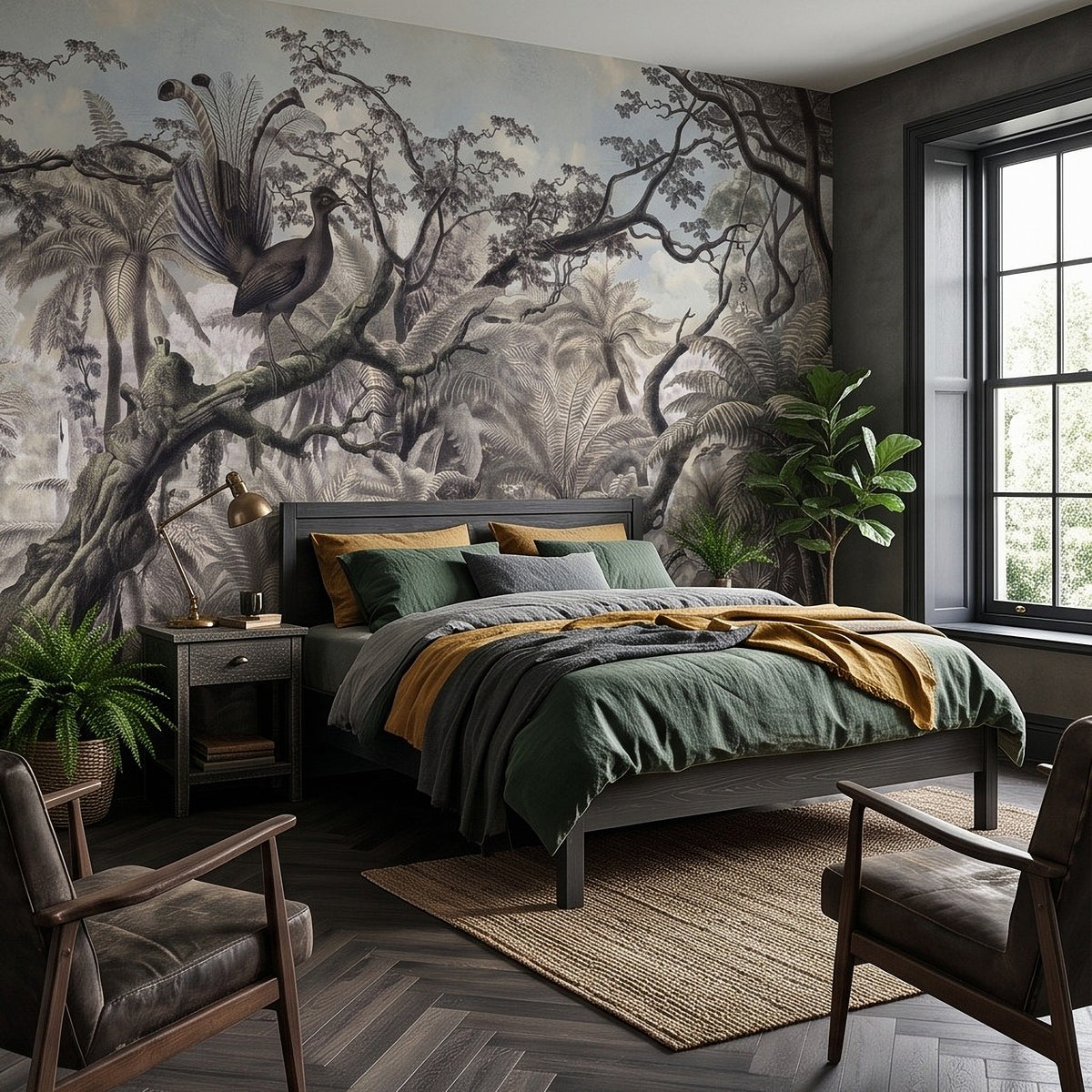 Vintage jungle birds wall mural with gray lush fern and tree branch engraving