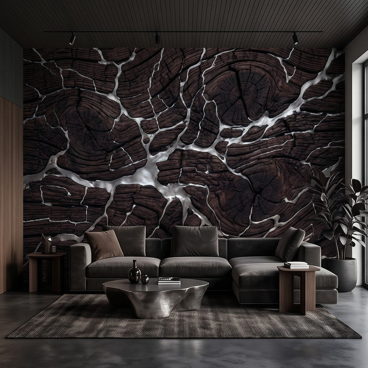 Dark charred timber wall mural with branching silver vein lines and cracked ring textures