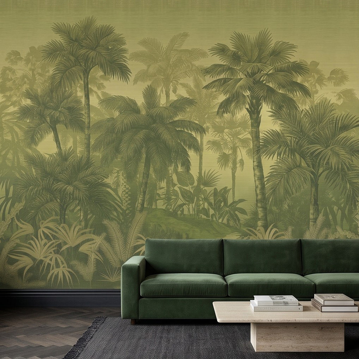 Olive green jungle palm wallpaper mural with tall palms and misty background
